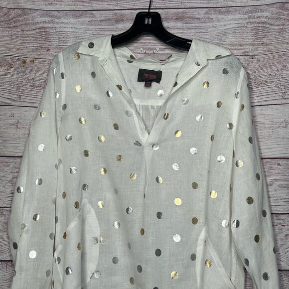 For Cynthia Beach 100% Linen White & Gold Dot Semi Sheer Pullover Size Medium - Picture 9 of 12
